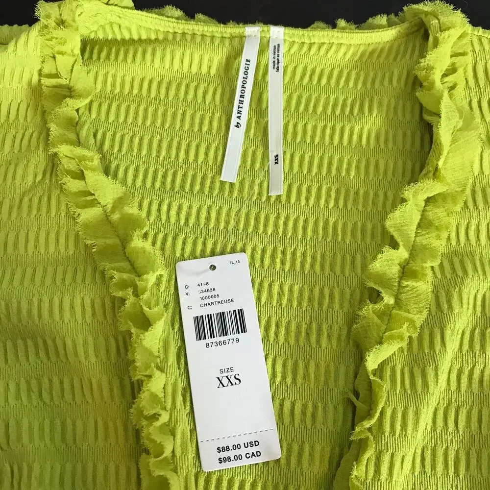 By Anthropologie Deep V Puff Sleeve Bodysuit XXS Green Smocked NWT